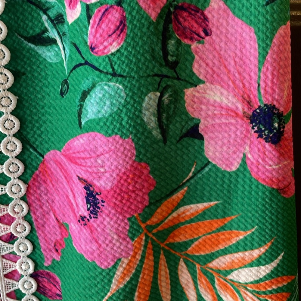 Eliza J | Tropical Floral Shift Dress Green Lace Trim Size 4 - Picture 4 of 5